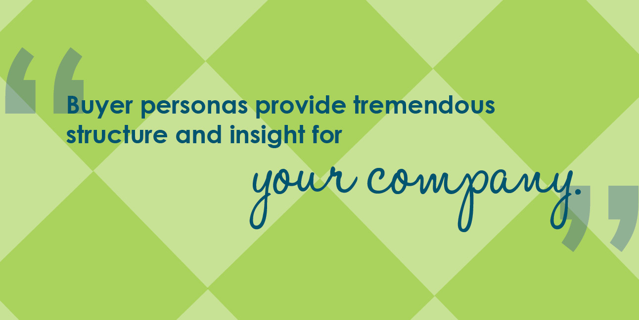 A green checkerboard pattern features blue text reading, "Buy personas provide tremendous structure and insight for your company."