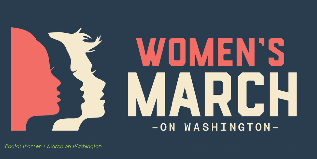 A blue background features red, white and blue silhouettes of women and the words, "Women's March on Washington."