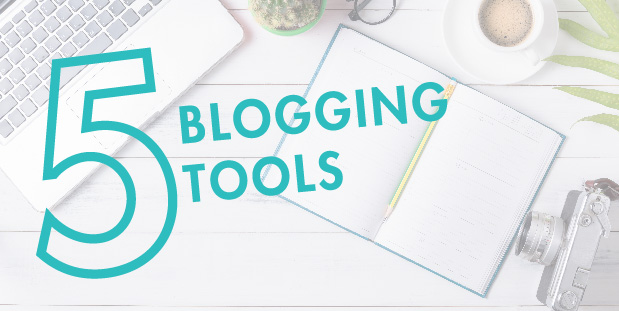 A desk is covered in a laptop, succulent, and coffee, while font over it reads, "5 blogging tools."
