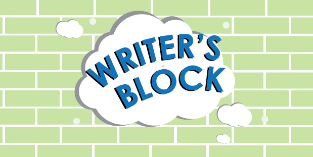 A green brick wall has a cloud over it that reads, "Writer's Block."
