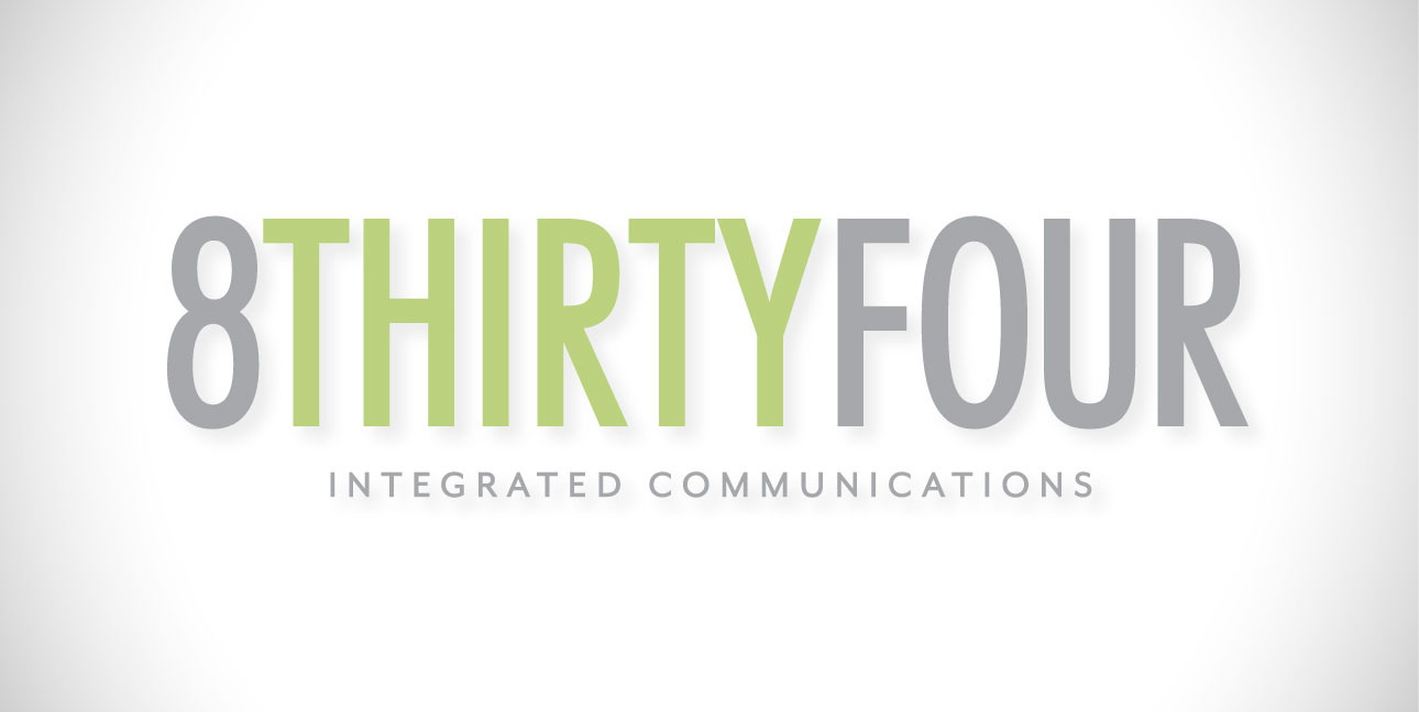 Green and gray text reads, "8THIRTYFOUR Integrated Communications"