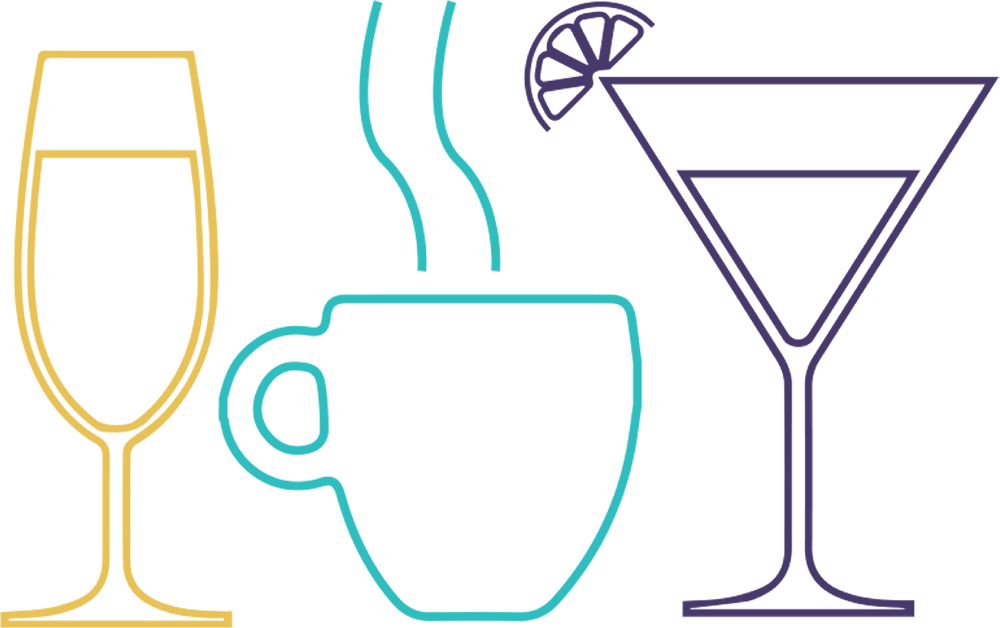 A cartoon glass of wine, mug of coffee, and martini glass