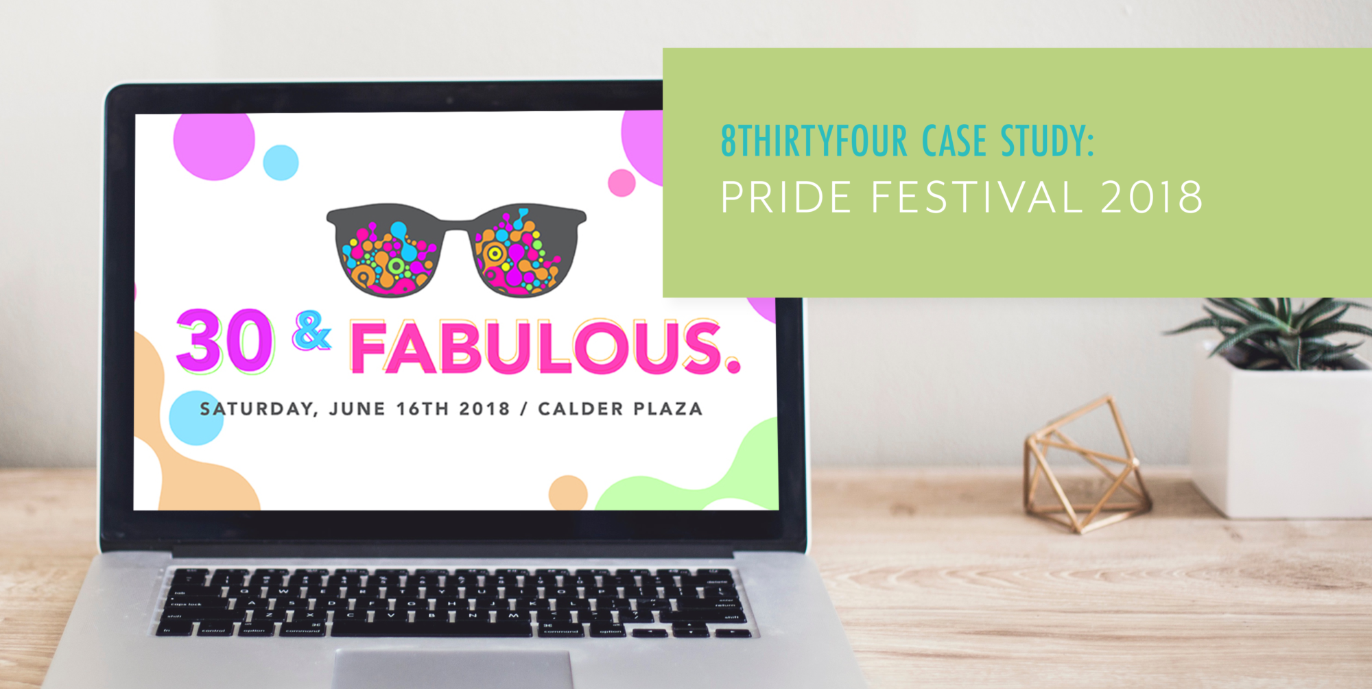 A laptop displays an advertisement for the Grand Rapids Pride festival while a green box reads, "8THIRTYFOUR Case Study: Pride Festival 2018"