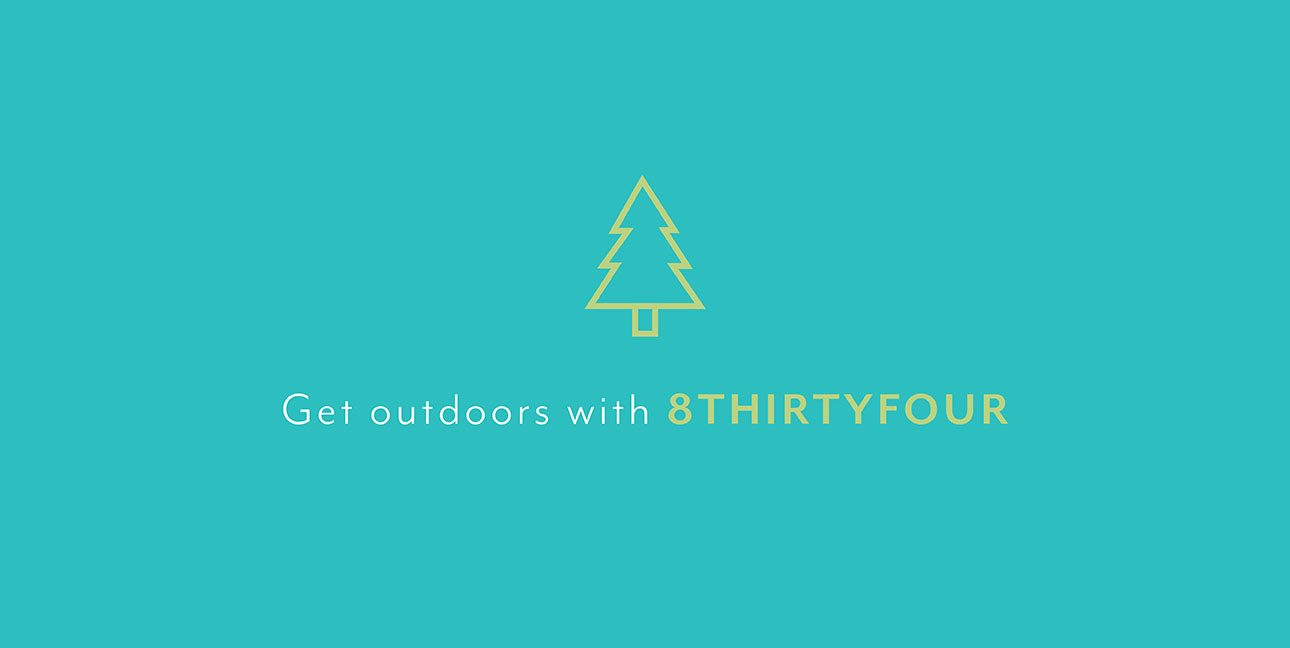 A blue background with a cartoon image of a pine tree and the words, "Get outdoors with 8THIRTYFOUR."
