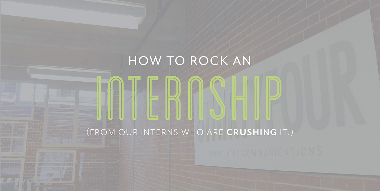 A view of the 8THIRTYFOUR office with the text, "How to rock an internship (from our interns who are CRUSHING it)"