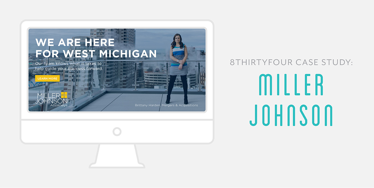 A white cartoon laptop with the Miller Johnson website and the words, "8THIRTYFOUR Case Study: Miller Johnson"