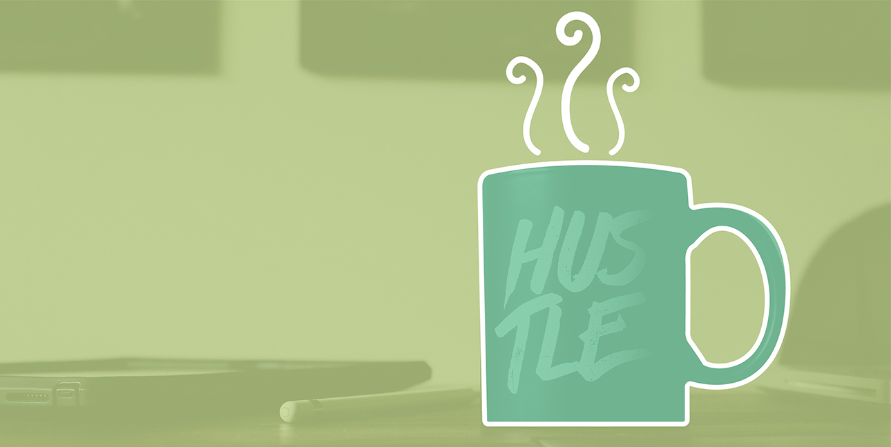A steaming cartoon mug sits on the 8THIRTYFOUR conference table. The mug reads, "Hustle."