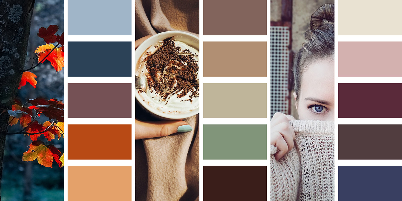 Three color palettes inspired by fall images: leaves in a forest, a mug of hot chocolate, and a girl in a cozy sweater