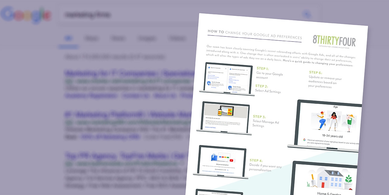 A page of Google search results with a PDF about ad settings superimposed over it