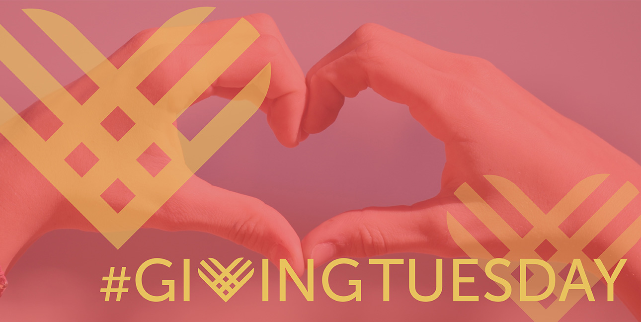 Two hands held together to make a heart with the hashtag, "#GivingTuesday" superimposed on them