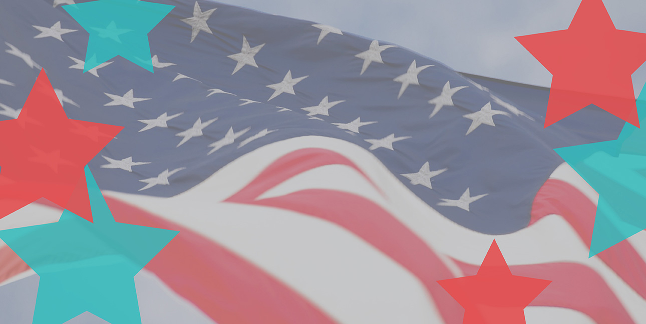 An american flag flying in the breeze with blue and red stars superimposed on it