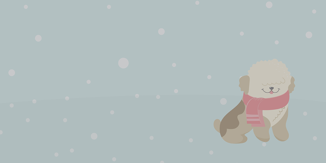 A cartoon dog in a scarf enjoys the snow.