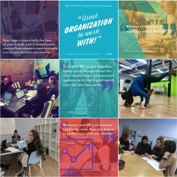 The 8THIRTYFOUR Instagram showcases colrful images that show off blog quotes and team members.