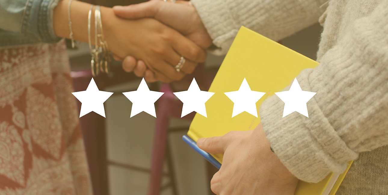 Chelsea Miller and Morgan Shaffer shake hands in the 8THIRTYFOUR office while five stars are superimposed over them.