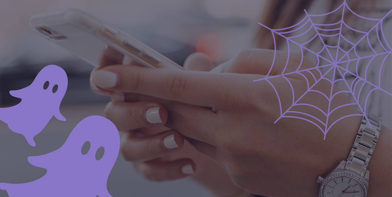 An image of a woman on her phone with purple Halloween icons on top of the photo.