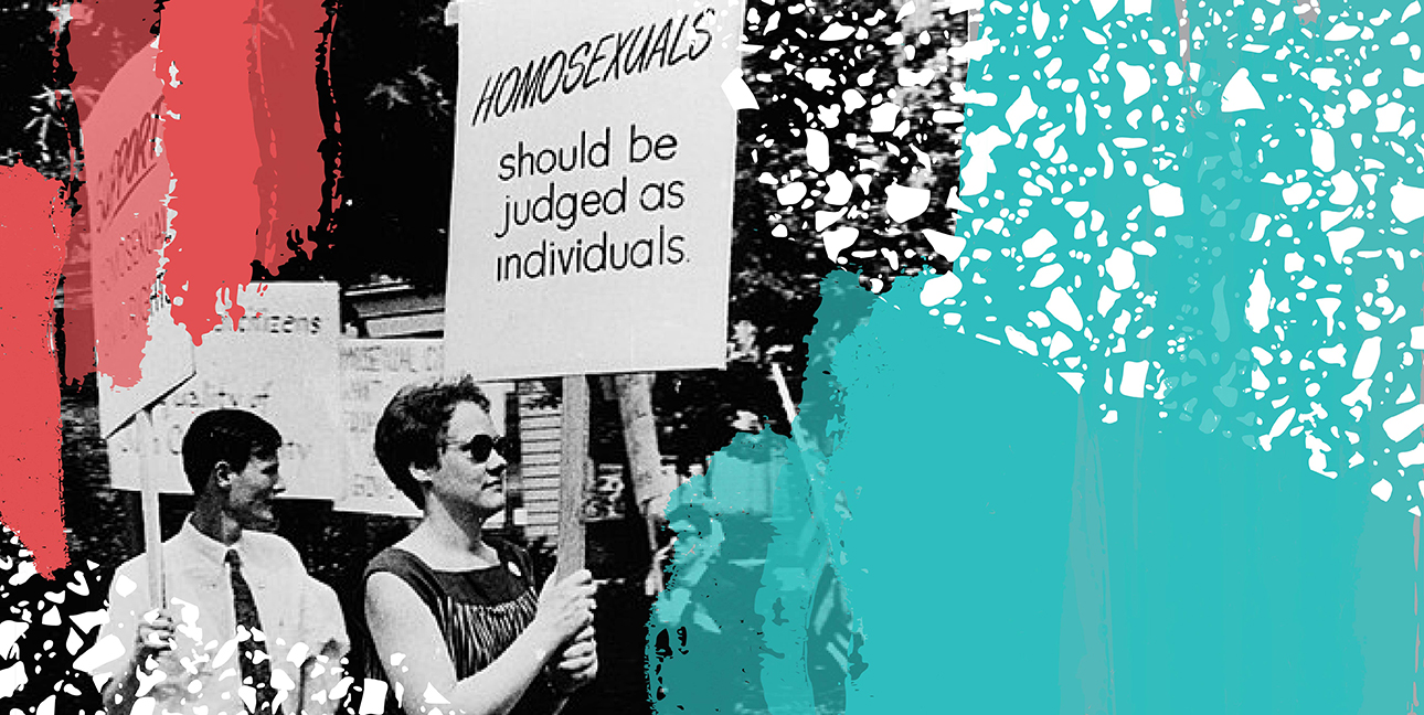 A person holding a sign that reads, "Homosexuals should be judged as individuals."
