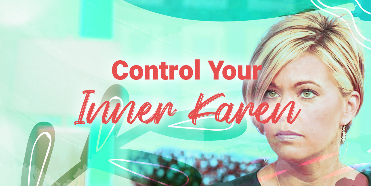 Kate Goslin sitting on a couch with "Control Your Inner Karen" text in red