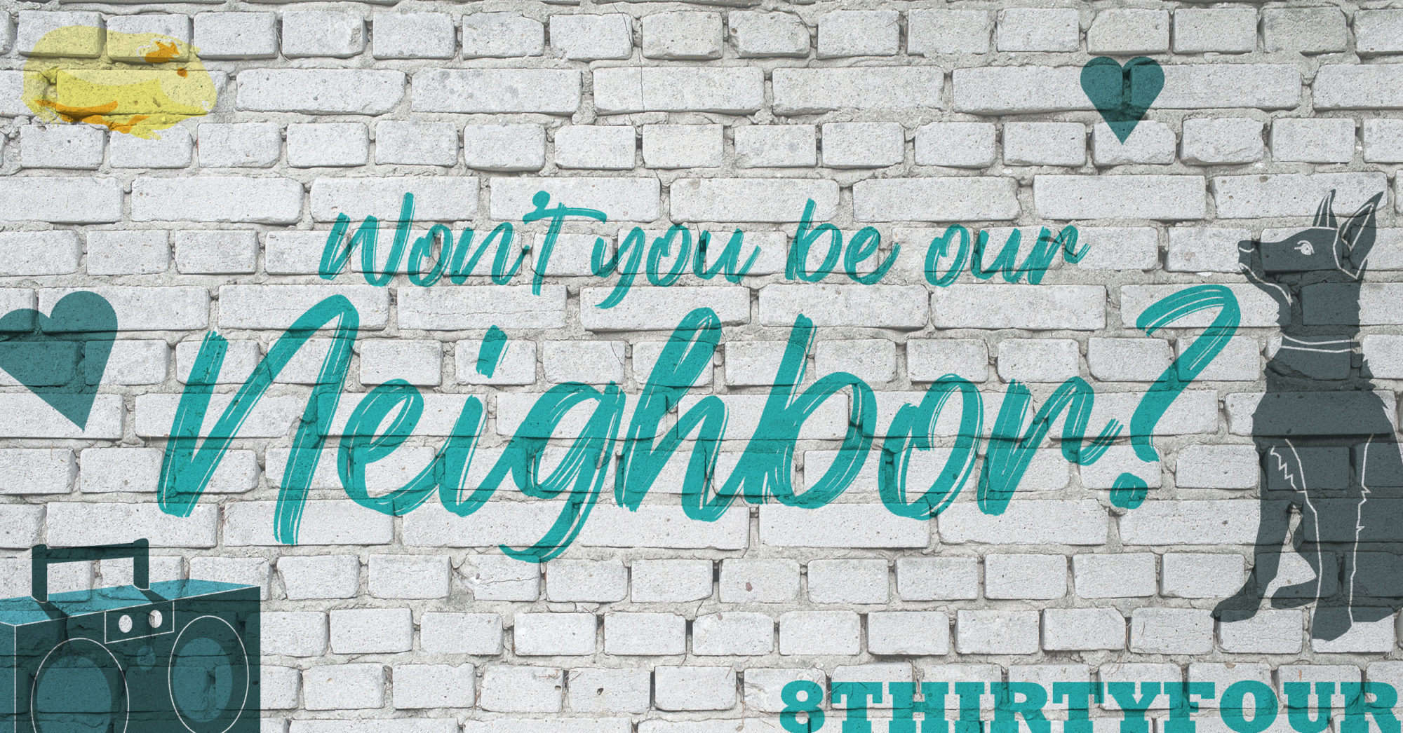 A white brick wall with teal painted dog, golden guinea pic, and hearts, with the text, "Won't You Be Our Neighbor?"