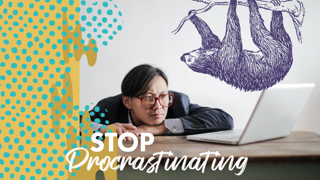 A man slouching at his desk, looking at his laptop while a sloth is hanging above his head.