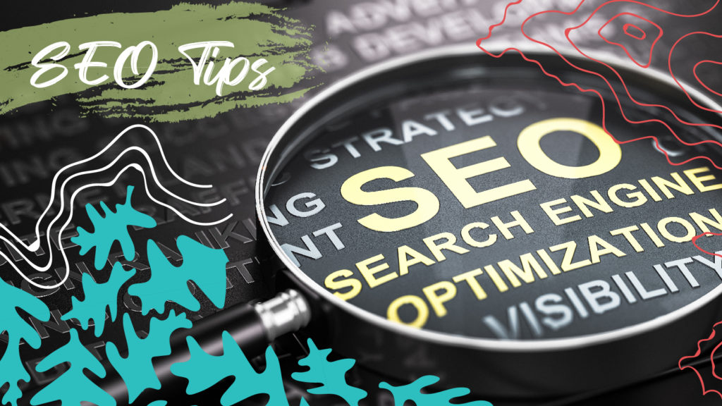 A magnifying glass hovering over the words "SEO"