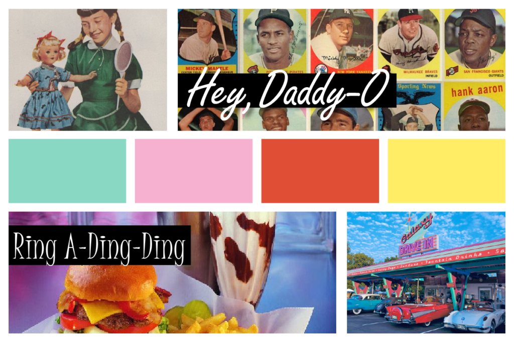 A mood board full of 1950's fonts, images, colors, and baseball cards.