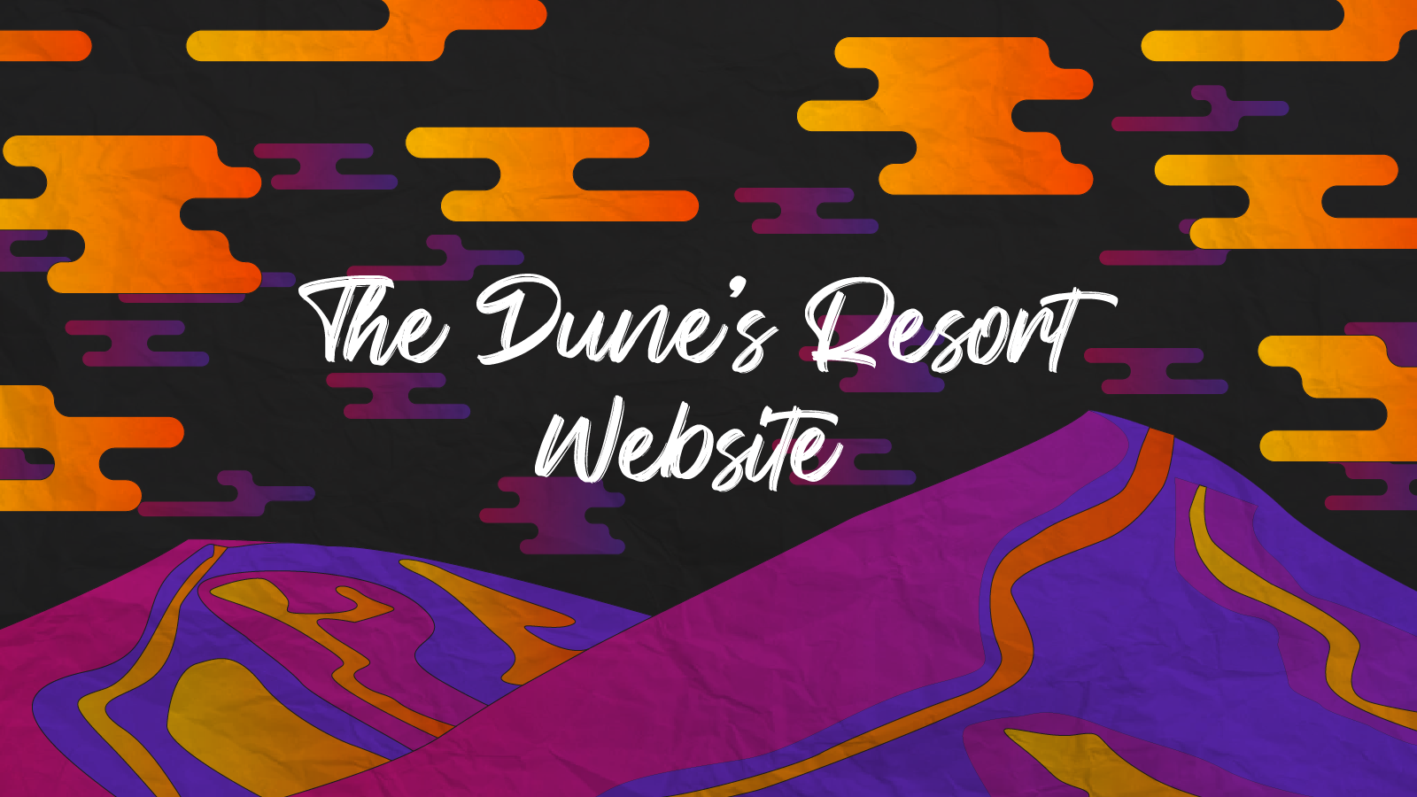 A vector illustration of purple mountains and orange clouds behind the words, "The Dunes Resort Website"