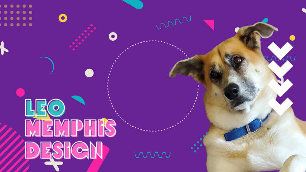 Photo of dog on purple background, surrounded by various shapes with the words "Leo" and "Memphis Design"