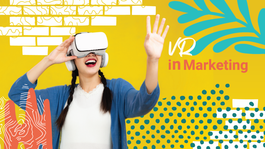 A young woman raises her hands and smiles while wearing a VR headset "VR in Marketing"