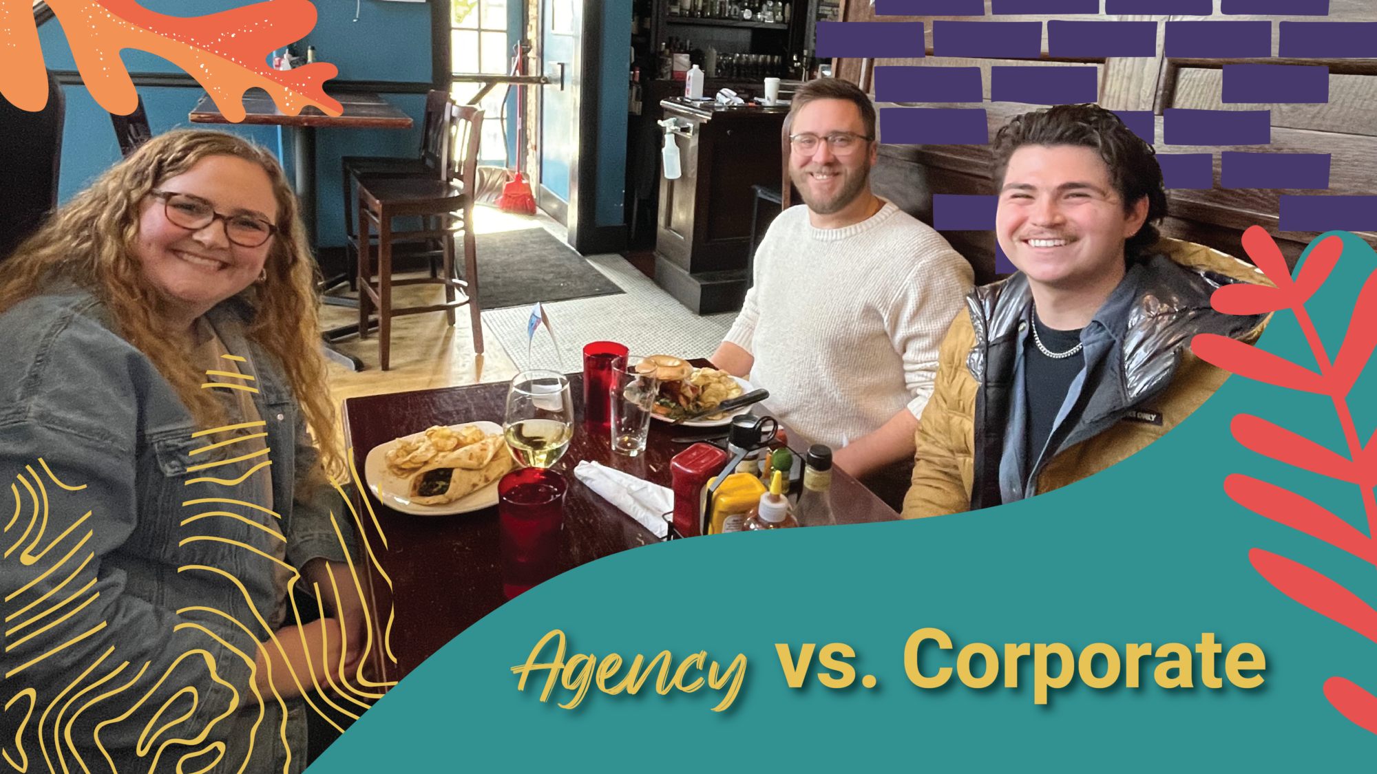 Emma, Derek and Chandler sit around some delicious food "Agency vs. Corporate"