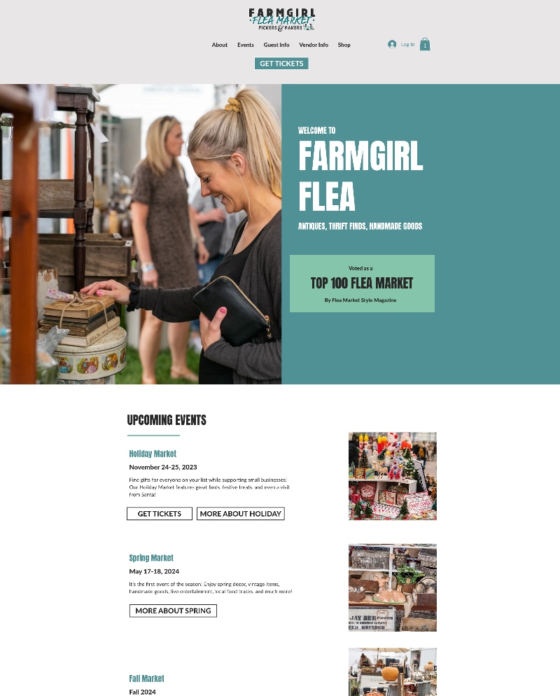 The new Farmgirl Flea website features a large, eye-catching header showcasing their markets.