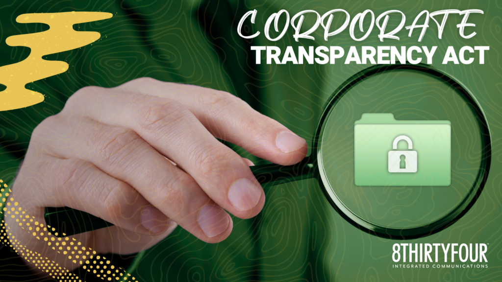 A Magnifying glass looking at a folder icon with the text "corporate transparency act"